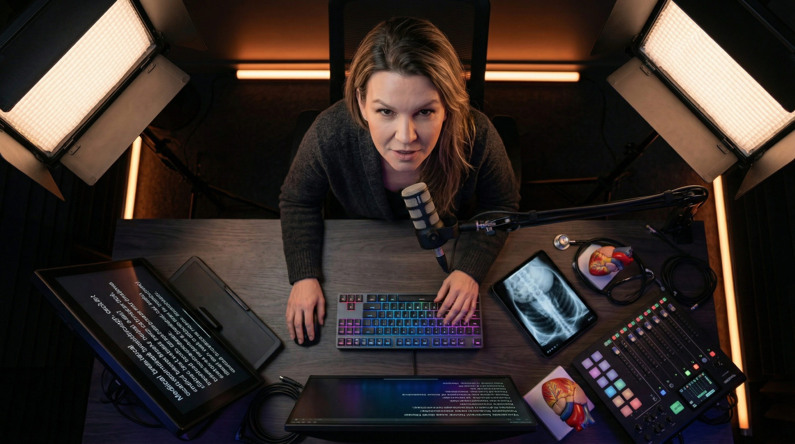 Home blood pressure monitor next to a tablet showing a telehealth doctor, illustrating remote patient monitoring.