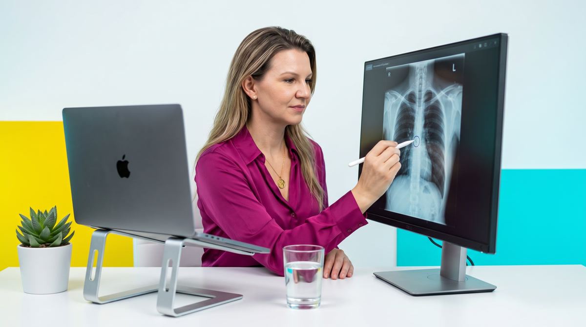 Physician conducting a virtual primary care appointment from a warm home office