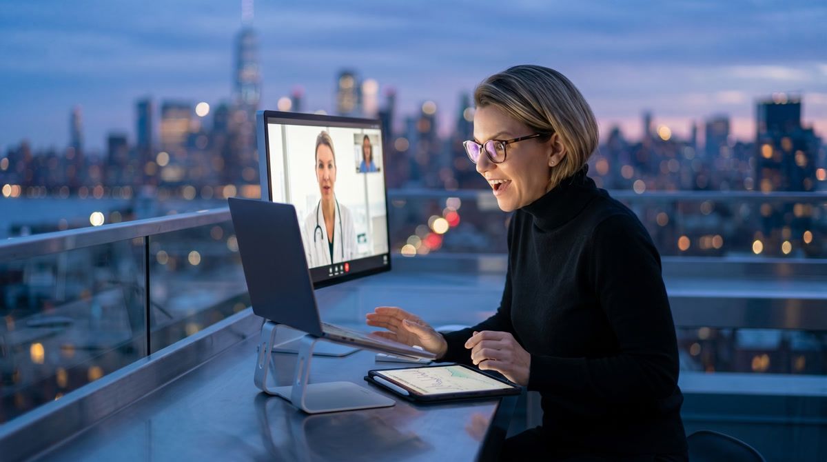 Patient sitting comfortably at home consulting a doctor via a laptop video call
