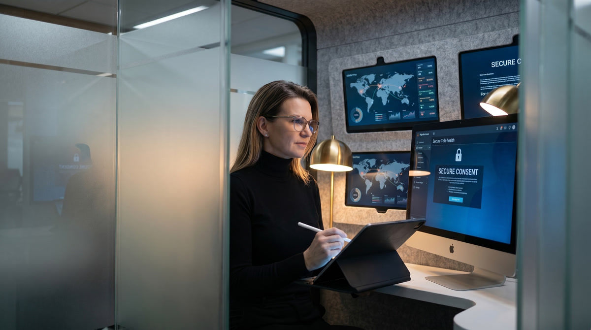 Physician reviewing patient health data in a warm, well-lit consultation room