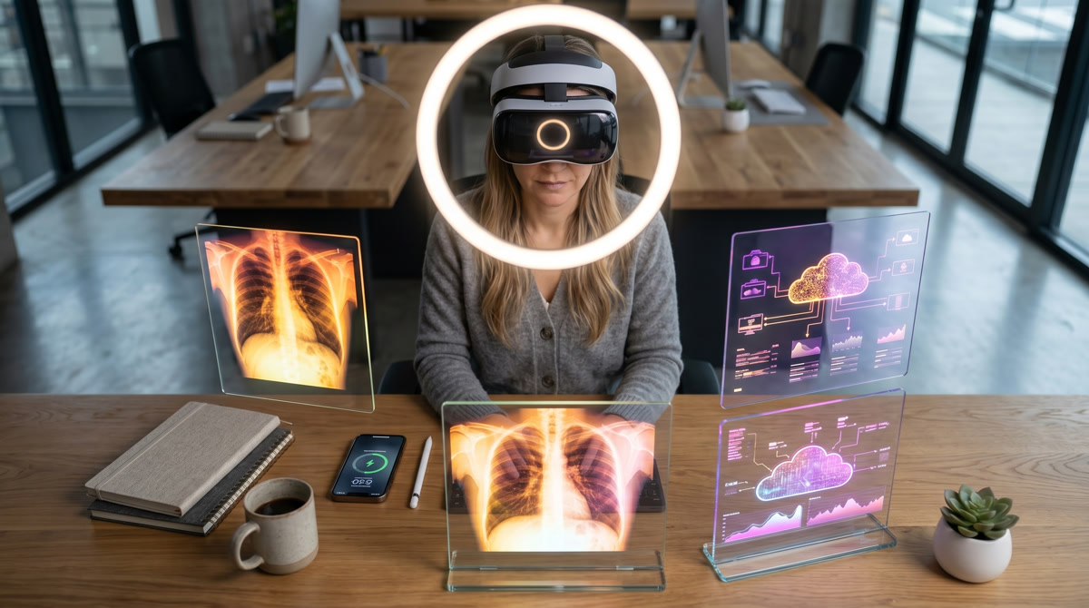 A warm and inviting telehealth setup with a laptop displaying health charts in a sunlit room