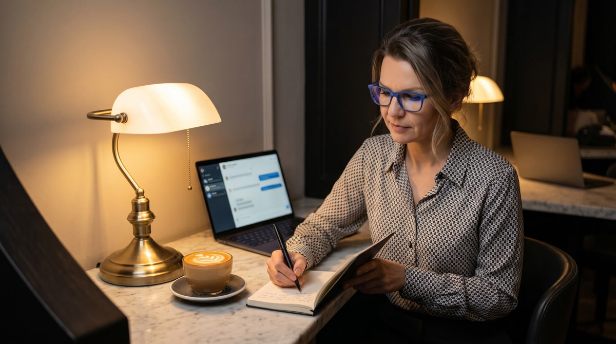 Physician in a warm, comfortable office reviewing medical charts on a digital tablet