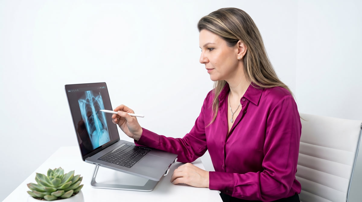 Physician reviewing medication adherence data on a tablet in a warm office setting