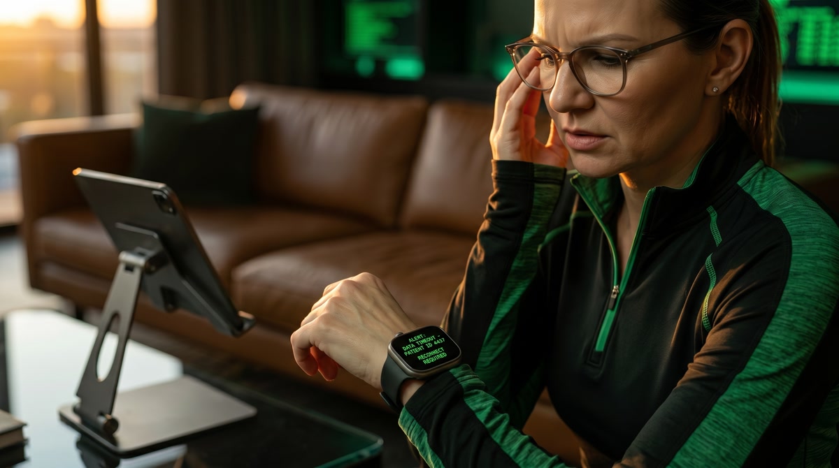 Doctor reviewing health tracker trend data on a tablet in a warm office setting