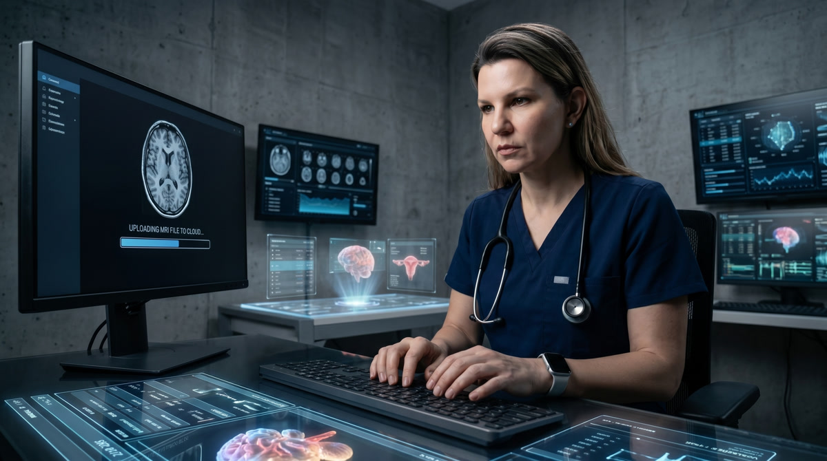 Caregiver managing medications virtually using a laptop and smart pill dispenser