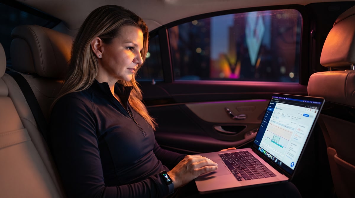 Physician in a warm consultation room reviewing ECG data on a laptop