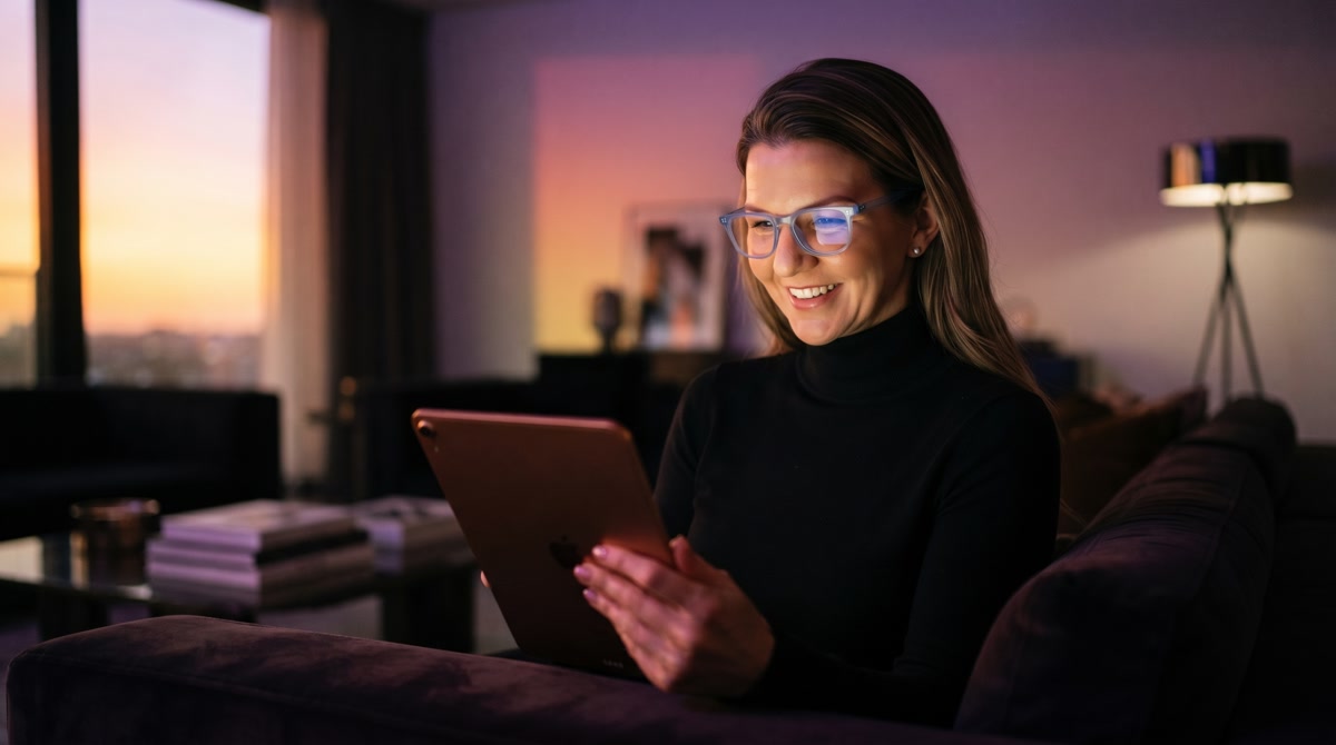 Patient in a living room having a telehealth consultation while wearing a discreet heart monitor