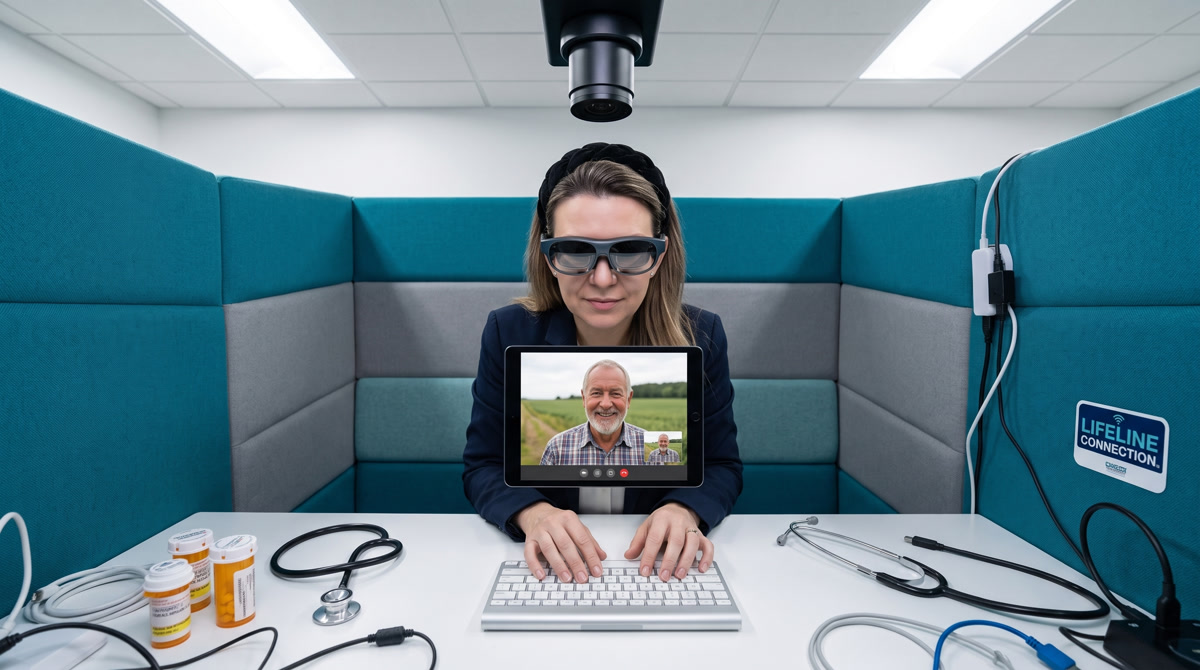 Digital blood pressure cuff and laptop on a desk representing remote patient monitoring